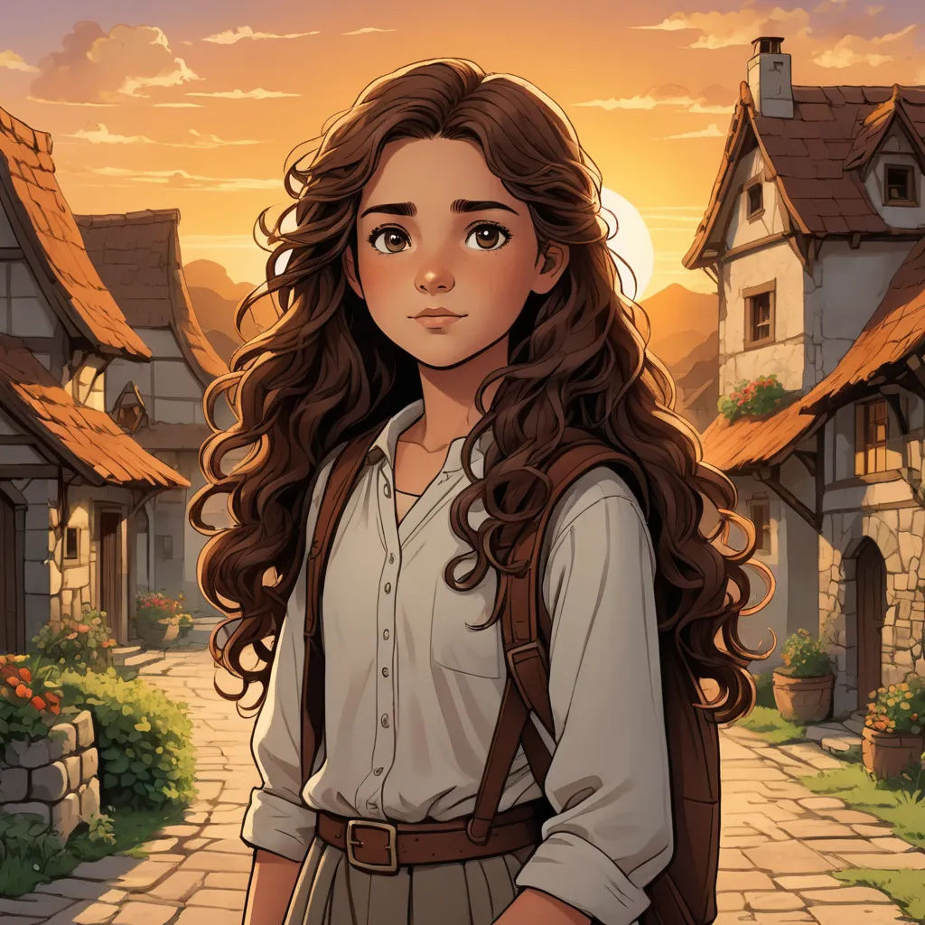 a girl with long hair and a backpack standing in front of a house with a sunset in the background, fantasy art, a character portrait, Cedric Seaut (Keos Masons), kinkade