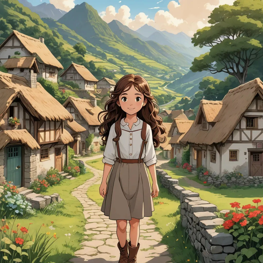 a girl walking down a path in a village with a mountain in the background and flowers in the foreground, fantasy art, a storybook illustration, Anne Said, official art