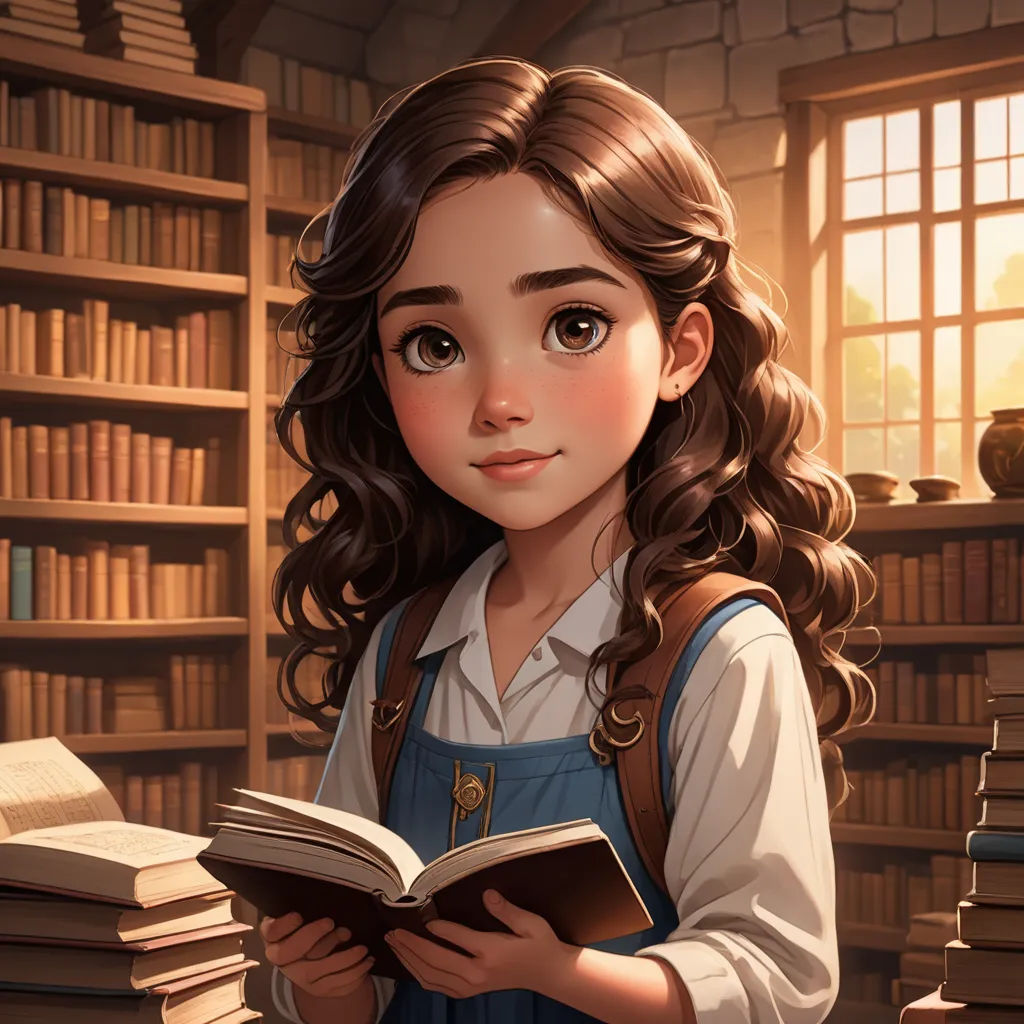 a girl is reading a book in a library with bookshelves and a window in the background,, fantasy art, a storybook illustration, Charlie Bowater, storybook illustration