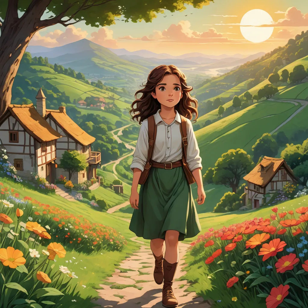 a girl walking down a path in a field of flowers with a house in the background and a sun setting, fantasy art, a storybook illustration, Cliff Childs, kinkade