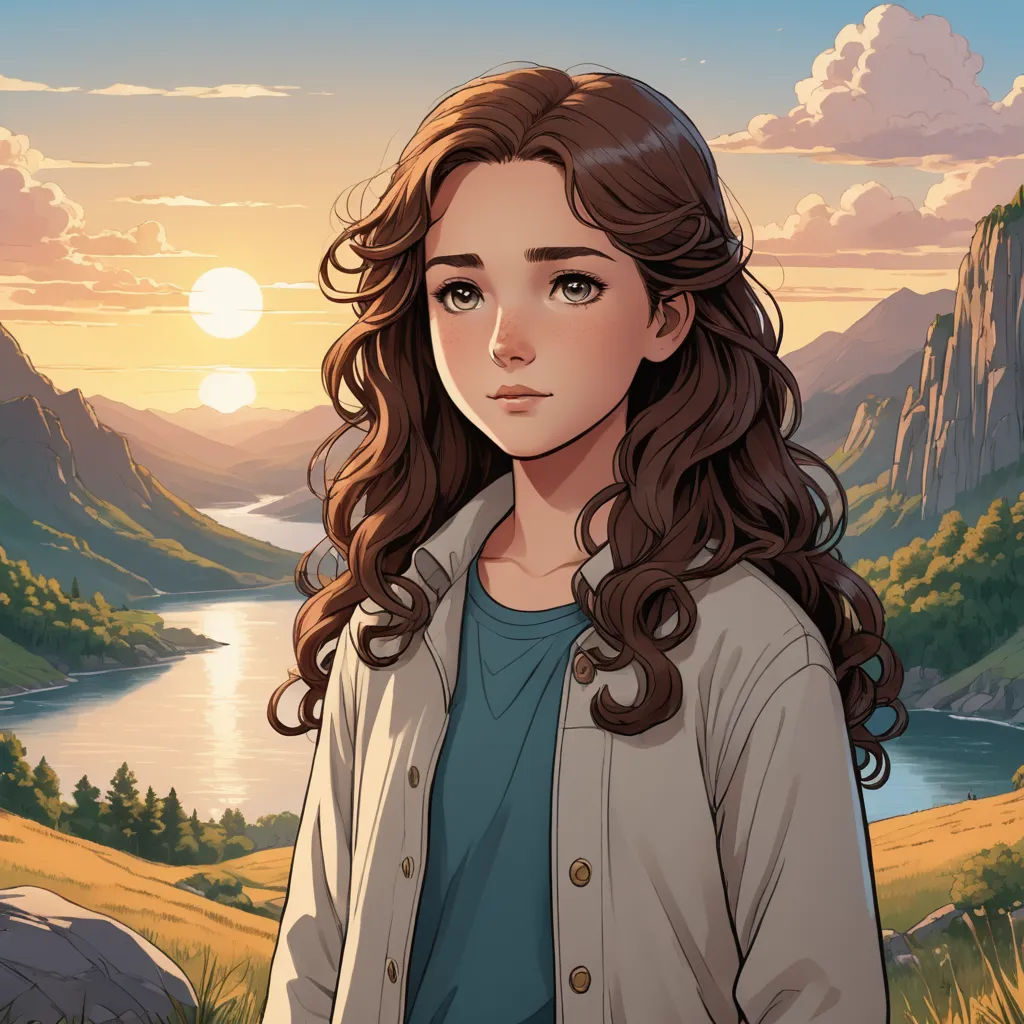 a girl with long hair standing in front of a mountain and lake at sunset with a sunset in the background, sots art, a character portrait, Clarice Beckett, official art
