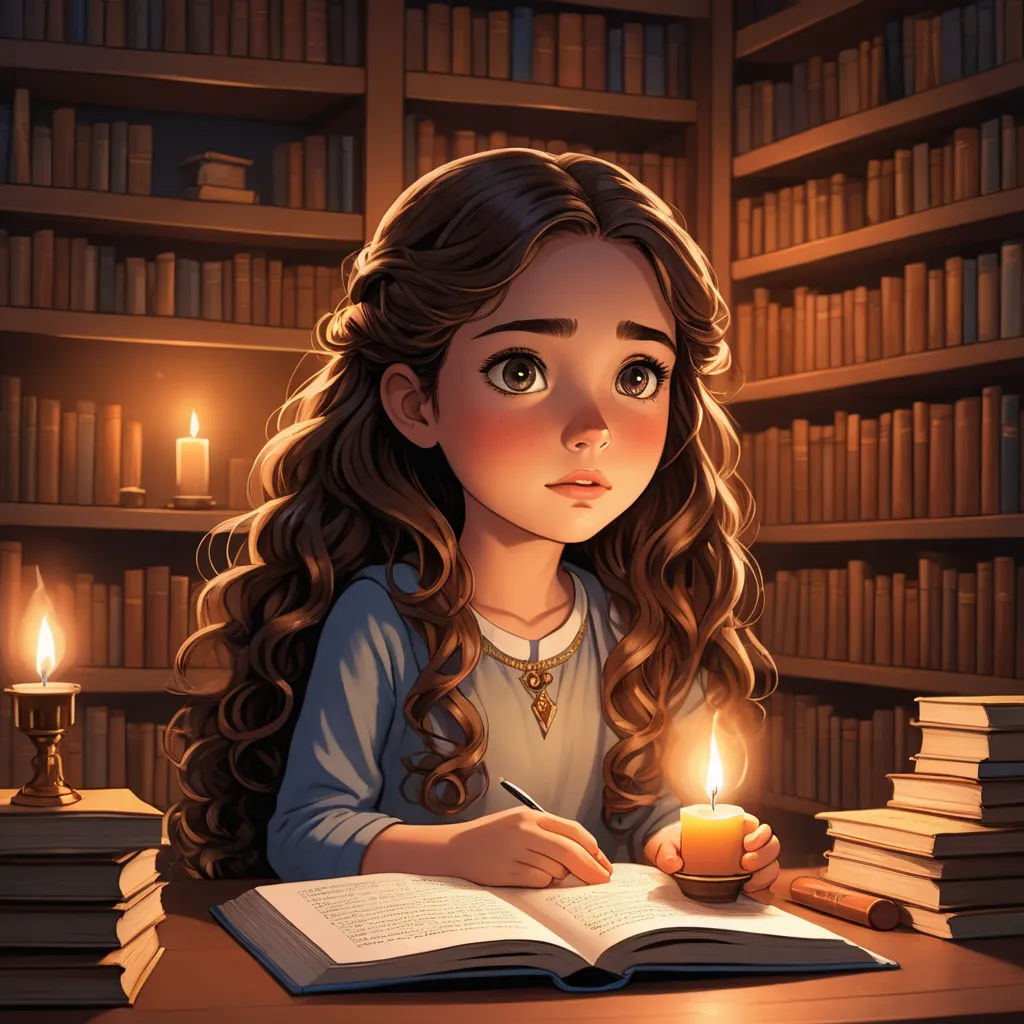 a girl sitting at a table with a book and a candle in front of her, reading a book, fantasy art, a storybook illustration, Cyril Rolando, storybook illustration