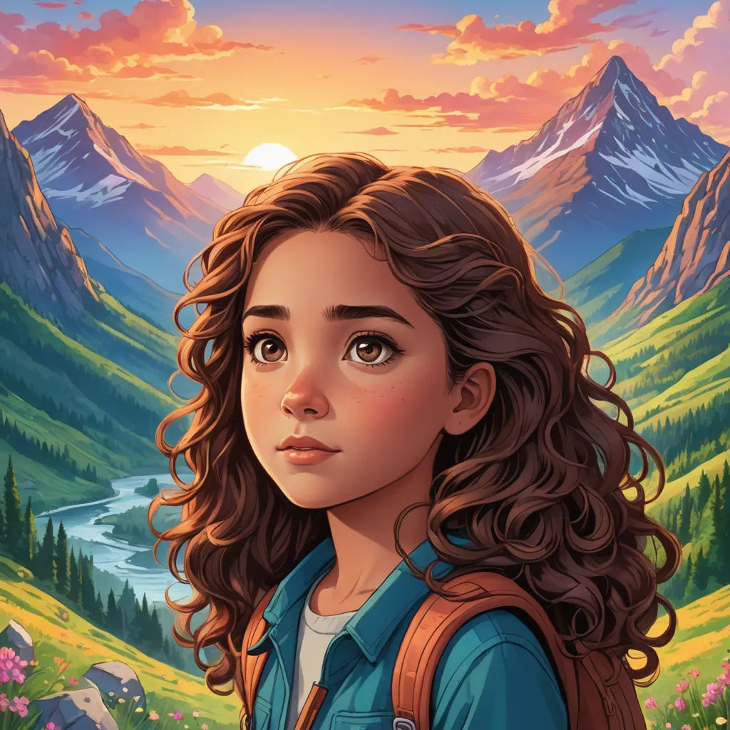 a painting of a girl with long hair and a backpack in front of a mountain range with a river and a sunset, serial art, a character portrait, Dan Mumford, rossdraws global illumination