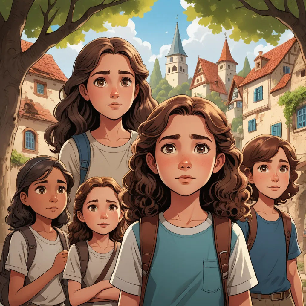 a group of people standing in front of a tree with a castle in the background and a person standing in front of them, serial art, a storybook illustration, Diego Gisbert Llorens, ghibli