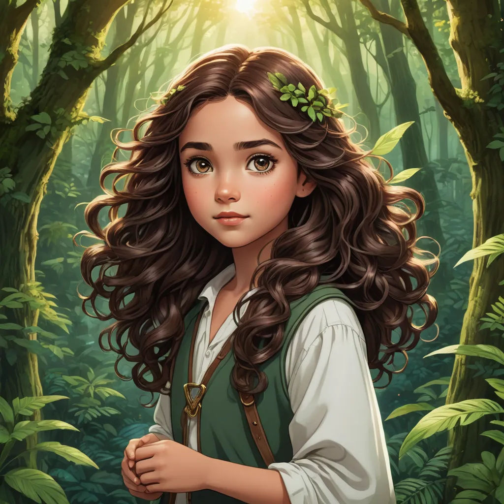 a girl with long hair standing in a forest with sunlight shining through the trees and leaves on her head, fantasy art, a character portrait, Charlie Bowater, kinkade