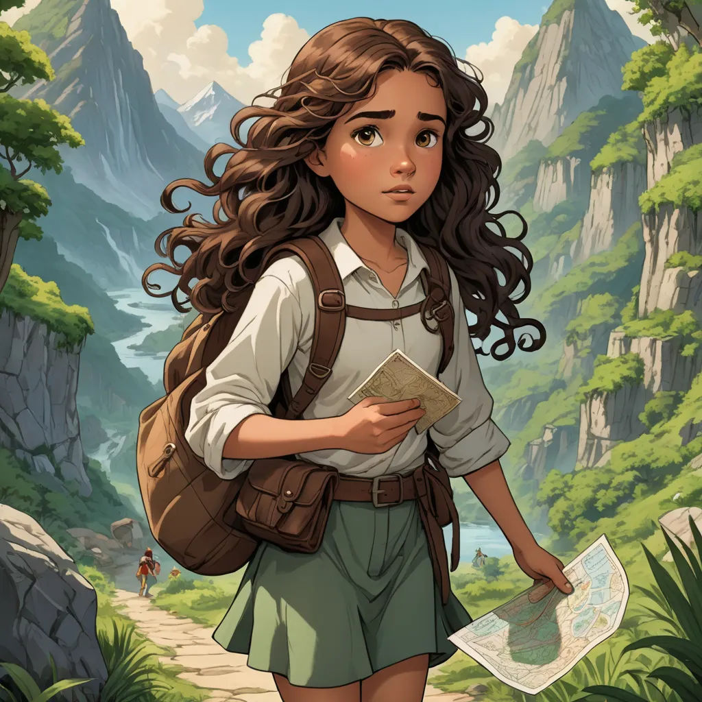 a girl with long hair and a backpack is walking through a mountain area with a map in her hand, fantasy art, a storybook illustration, Cliff Childs, cushart krenz