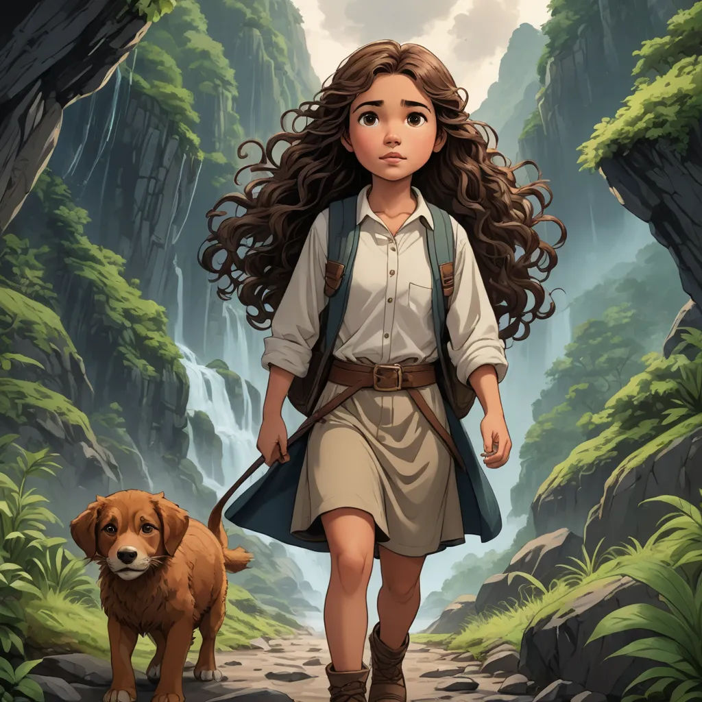 a girl with long hair walking down a path with a dog on a leash behind her, in a forest, fantasy art, concept art, Drew Struzan, official art