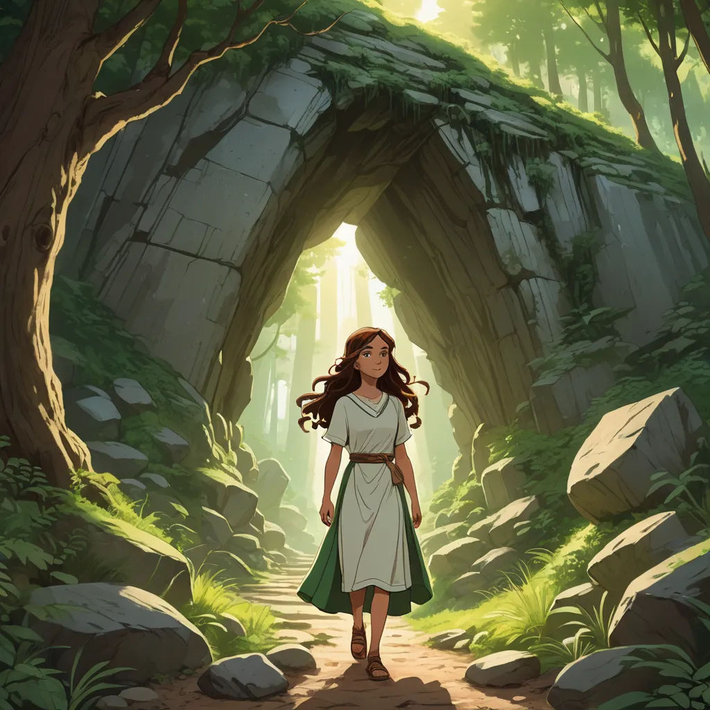 a woman in a white dress walking through a tunnel in the woods with a green cape on her head, fantasy art, a storybook illustration, Christophe Vacher, official art