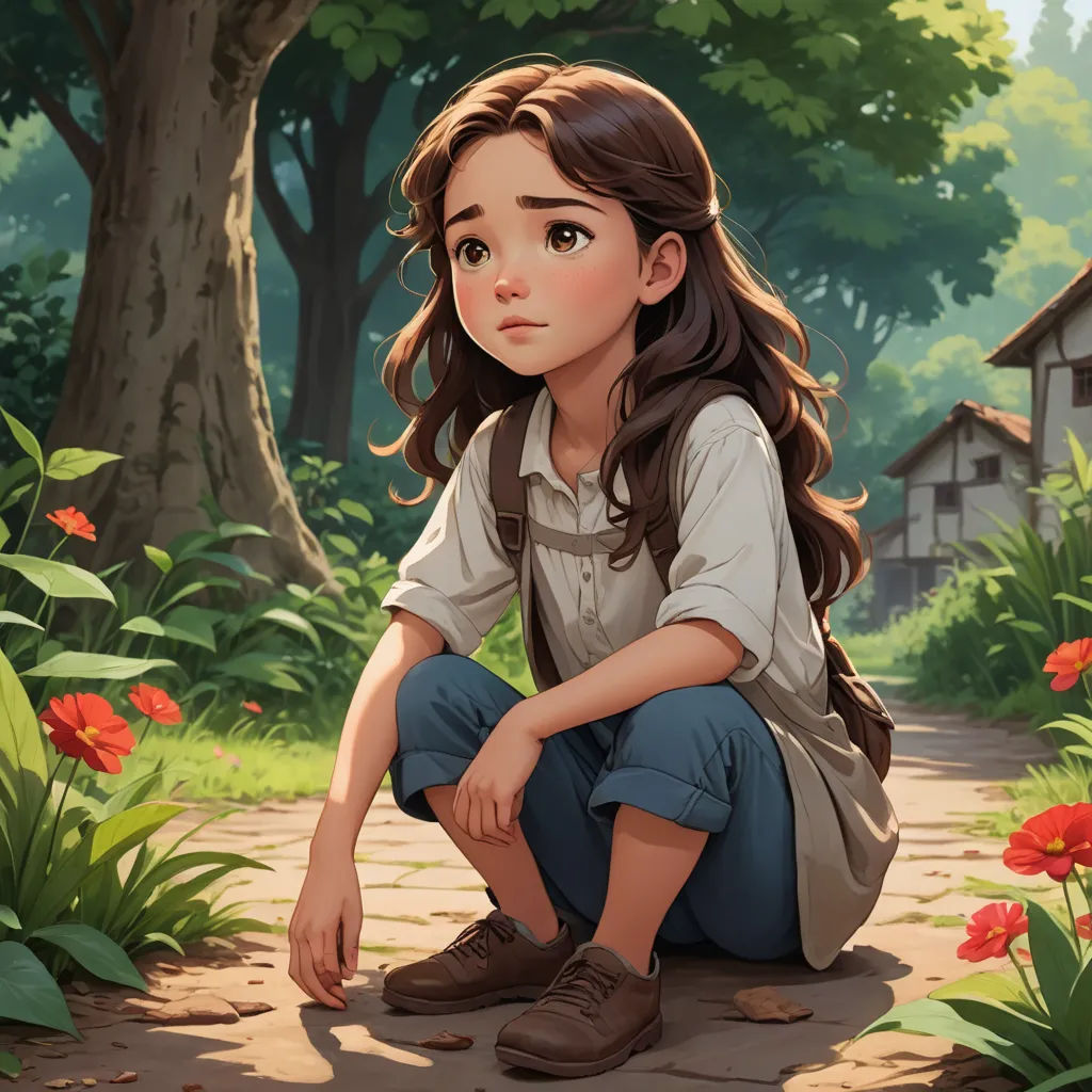 a painting of a girl sitting on a path in a park with flowers and trees around her, looking at the camera, fantasy art, a storybook illustration, Brom, cushart krenz
