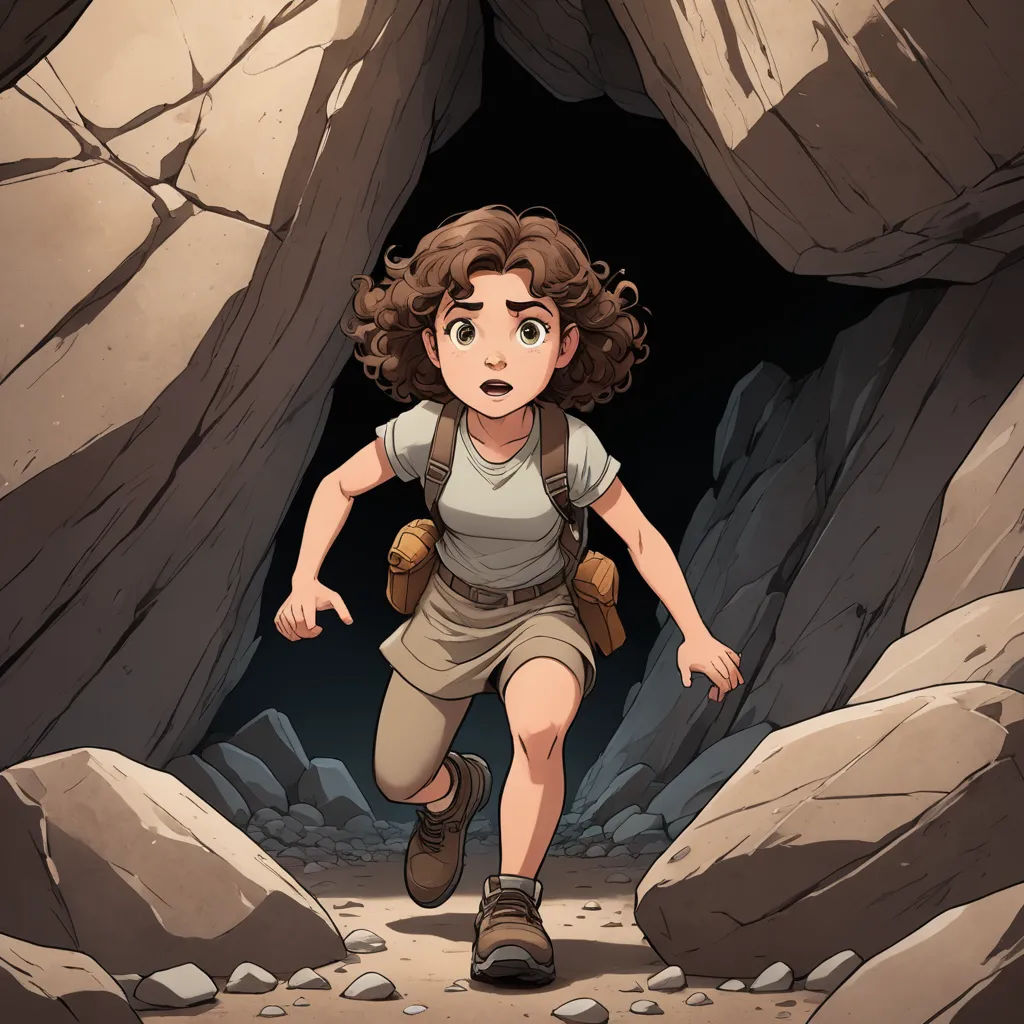 a girl running through a cave with a backpack on her back and a backpack on her shoulder, in a cartoon style, process art, a character portrait, Asaf Hanuka, rossdraws global illumination