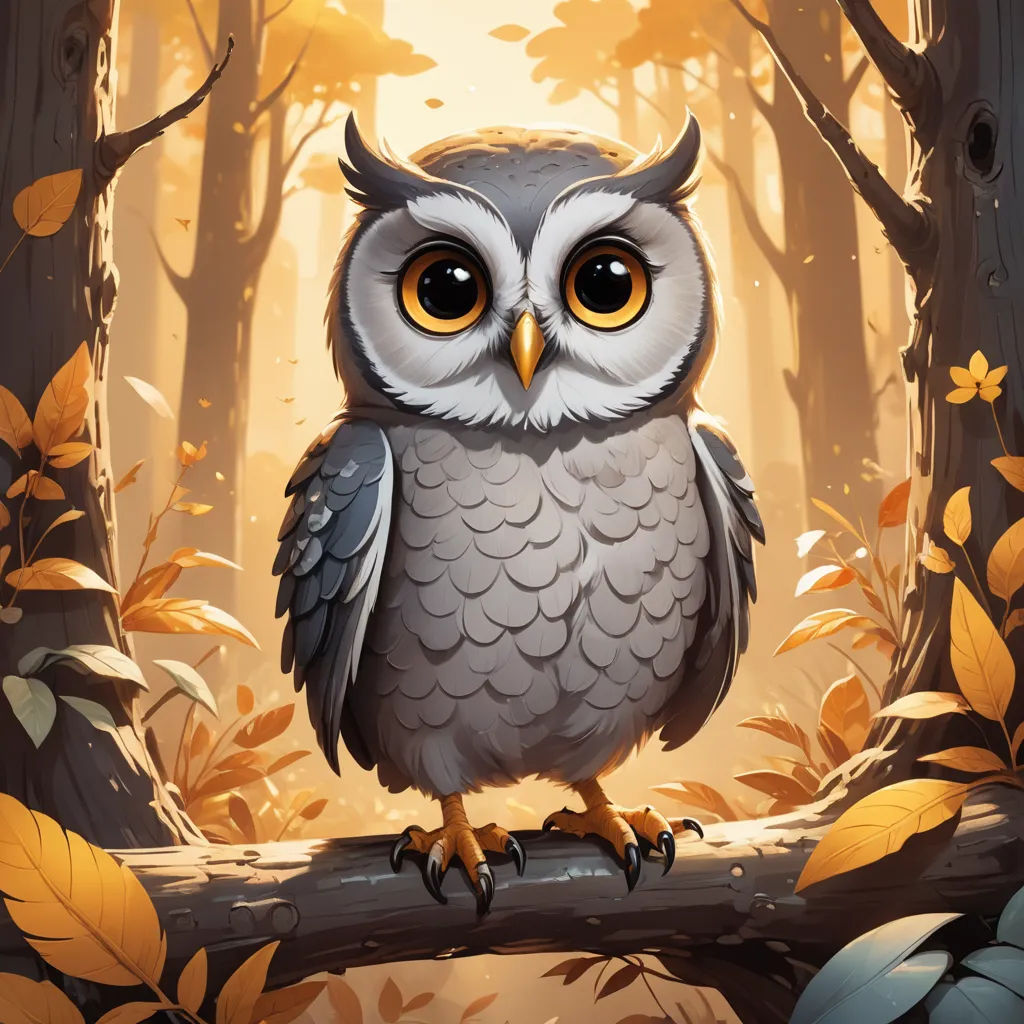 a cartoon owl sitting on a branch in a forest with leaves and trees around it, with a yellow light behind it, fantasy art, a digital painting, Chris LaBrooy, game art