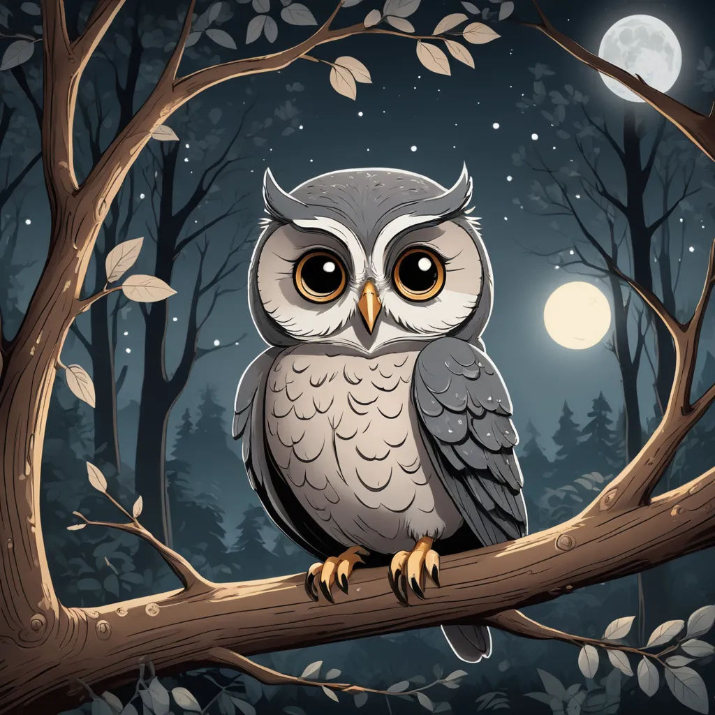 a cartoon owl sitting on a tree branch at night with a full moon in the background and a tree branch with leaves, fantasy art, a storybook illustration, Dan Mumford, dark background
