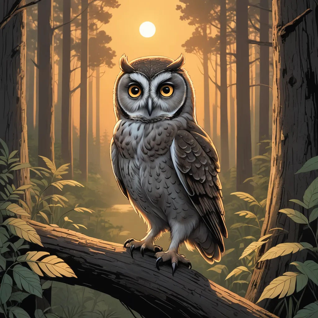 a painting of an owl sitting on a tree branch in a forest at sunset with the sun shining through the trees, fantasy art, a storybook illustration, Dan Mumford, rossdraws global illumination