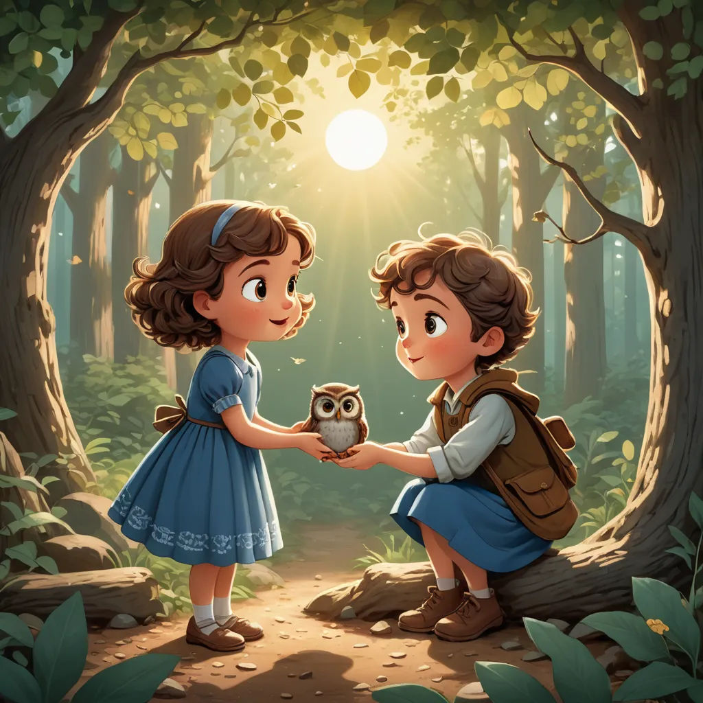 a boy and a girl are holding an owl in a forest with the sun shining through the trees behind them, fantasy art, a storybook illustration, Dan Mumford, rossdraws global illumination