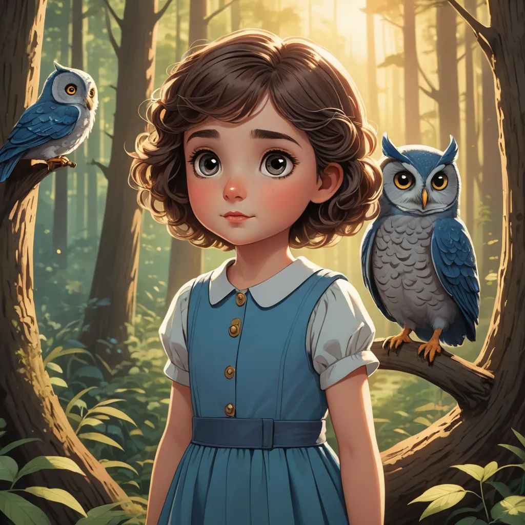 a little girl standing in a forest with two owls on her shoulder and a bird perched on her shoulder, fantasy art, a storybook illustration, Clarice Beckett, deviantart artstation