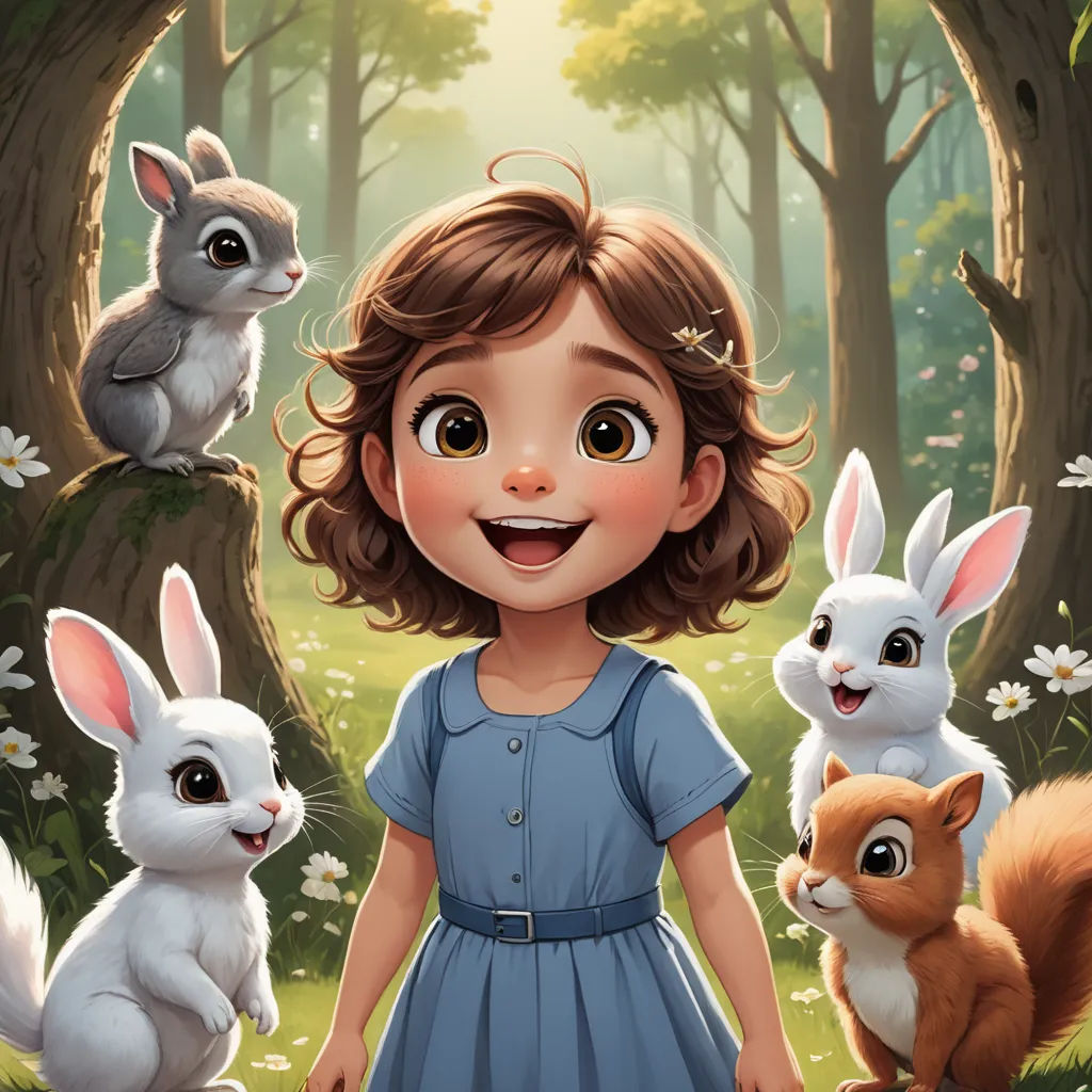 a little girl standing in the woods with rabbits and a squirrel on her lap and a forest background with flowers and trees, furry art, a storybook illustration, David Martin, deviantart artstation