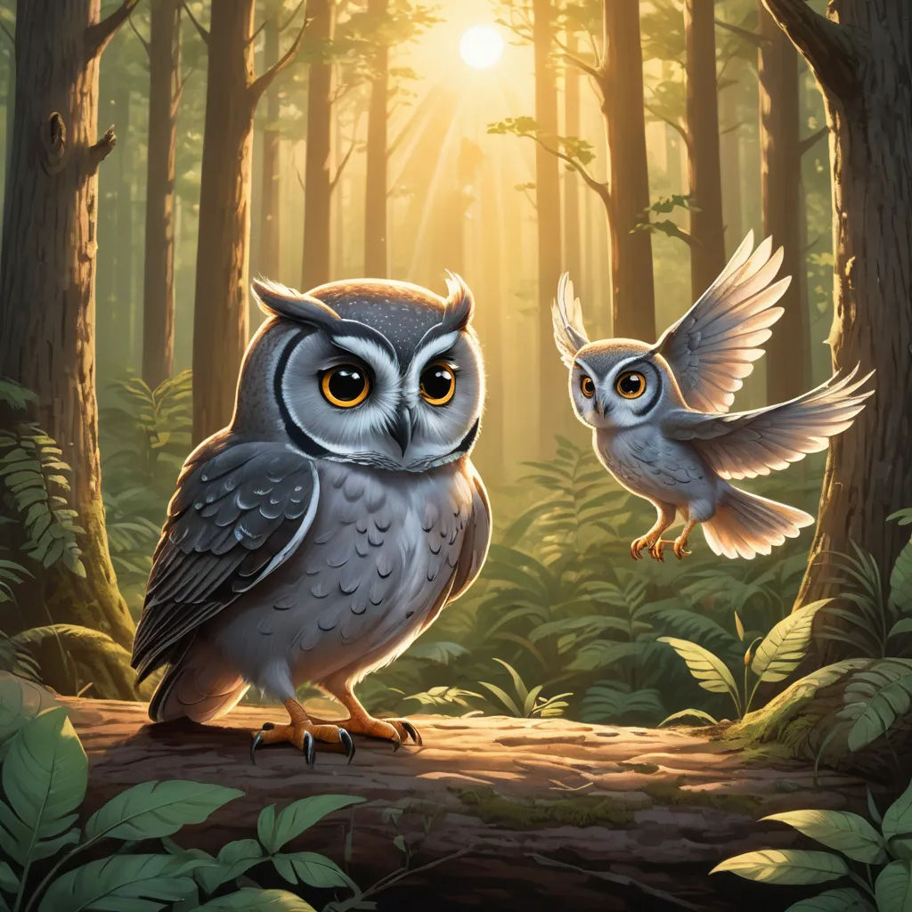two owls are standing in the woods with their wings spread out and glowing yellow eyes on their faces,, fantasy art, a storybook illustration, Chris LaBrooy, magic the gathering artwork