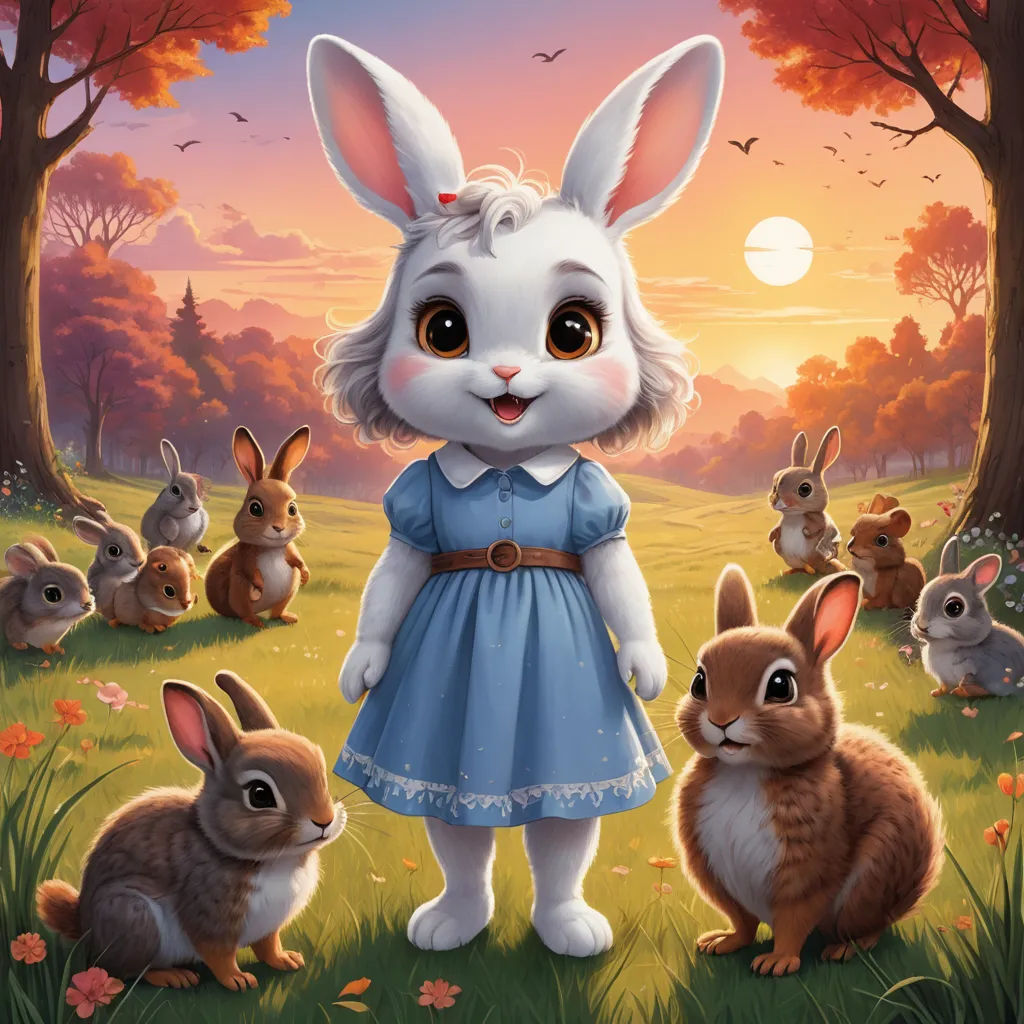 a painting of a little girl surrounded by rabbits in a field of grass and trees with a sunset in the background, furry art, a storybook illustration, Beatrix Potter, official art