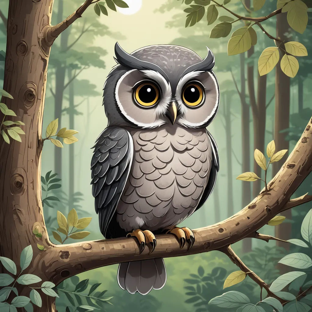 a cartoon owl sitting on a tree branch in a forest with a full moon in the background and leaves, fantasy art, a storybook illustration, Chris LaBrooy, game art