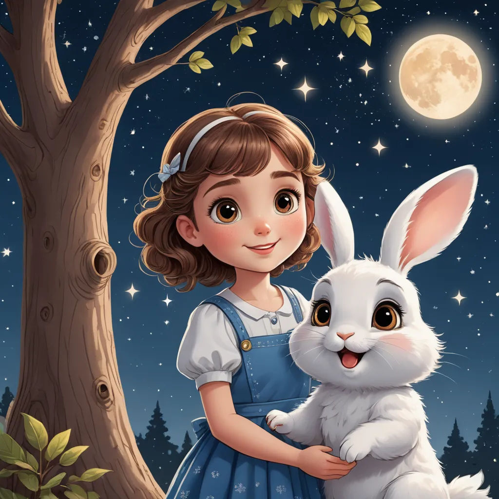 a girl holding a white rabbit in front of a tree with a full moon in the background and stars in the sky, space art, a storybook illustration, Alice Prin, storybook illustration