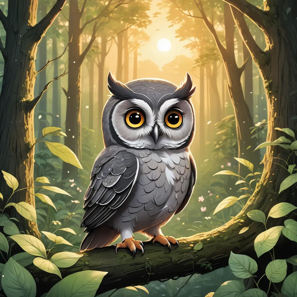 a painting of an owl sitting on a branch in a forest with sun shining through the trees and leaves, fantasy art, a storybook illustration, Chris LaBrooy, magic the gathering artwork