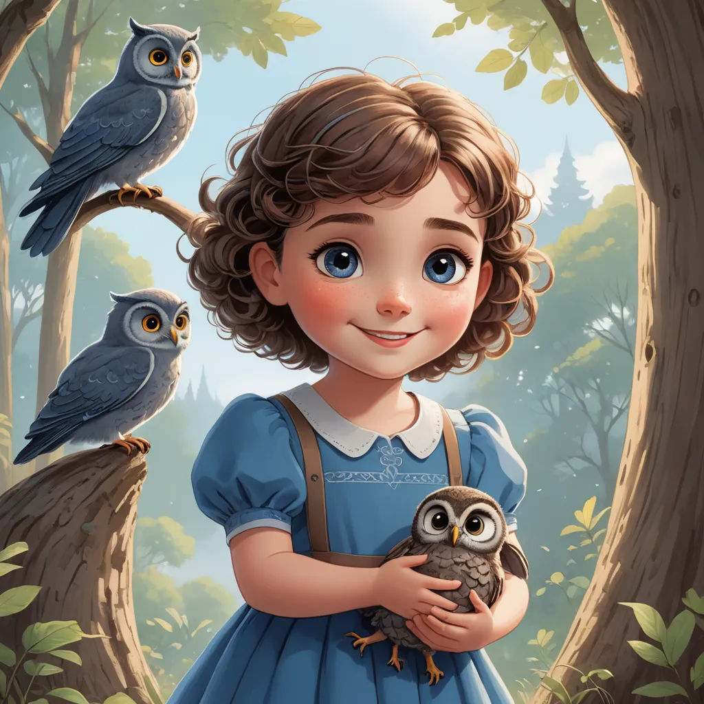 a little girl holding an owl in a forest with owls on her shoulder and a forest background with trees, fantasy art, a storybook illustration, Clarice Beckett, storybook illustration