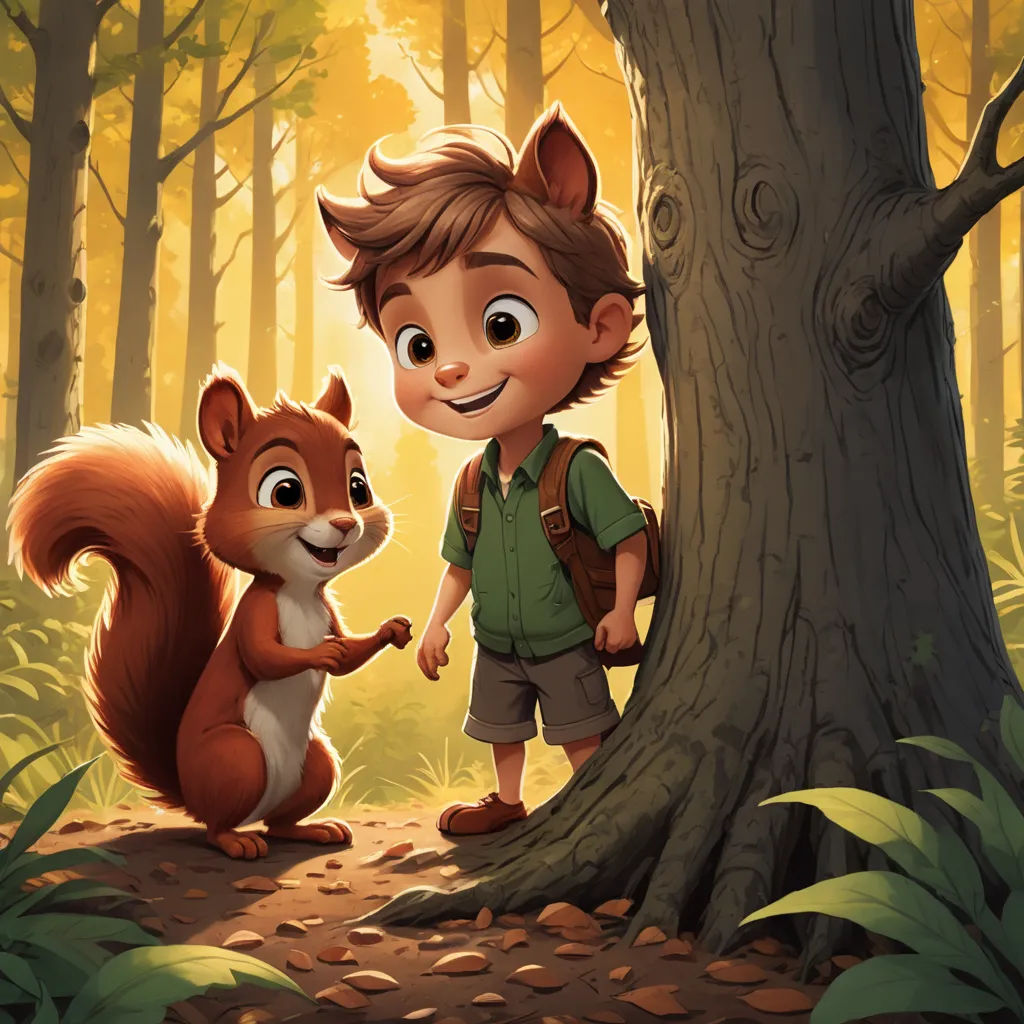 a boy standing next to a squirrel in a forest with a tree trunk and a forest background with leaves, furry art, a storybook illustration, Aaron Jasinski, storybook illustration