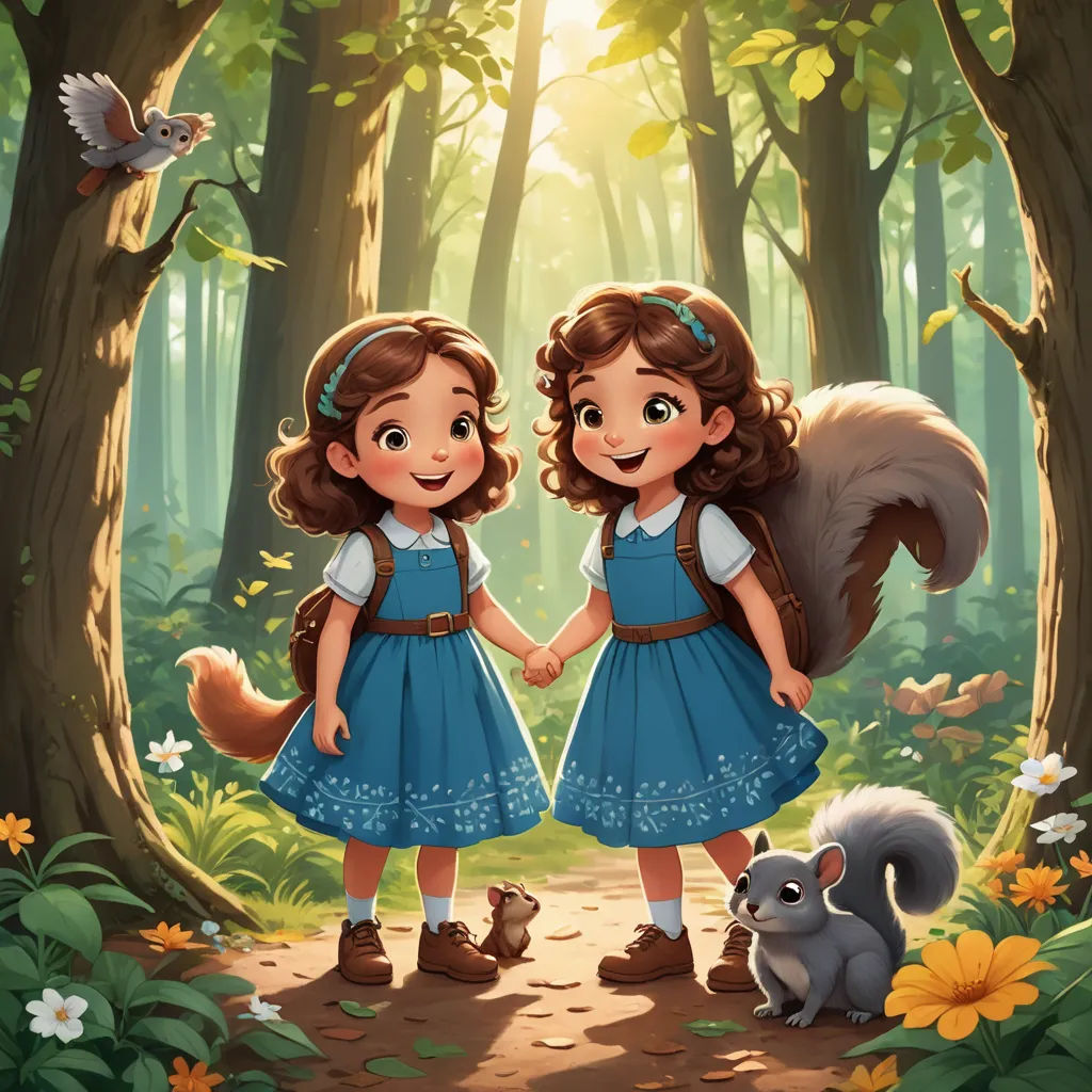 two girls in blue dresses standing in the woods with a squirrel and squirrelling behind them, with a bird flying overhead, serial art, a storybook illustration, Ada Gladys Killins, official art