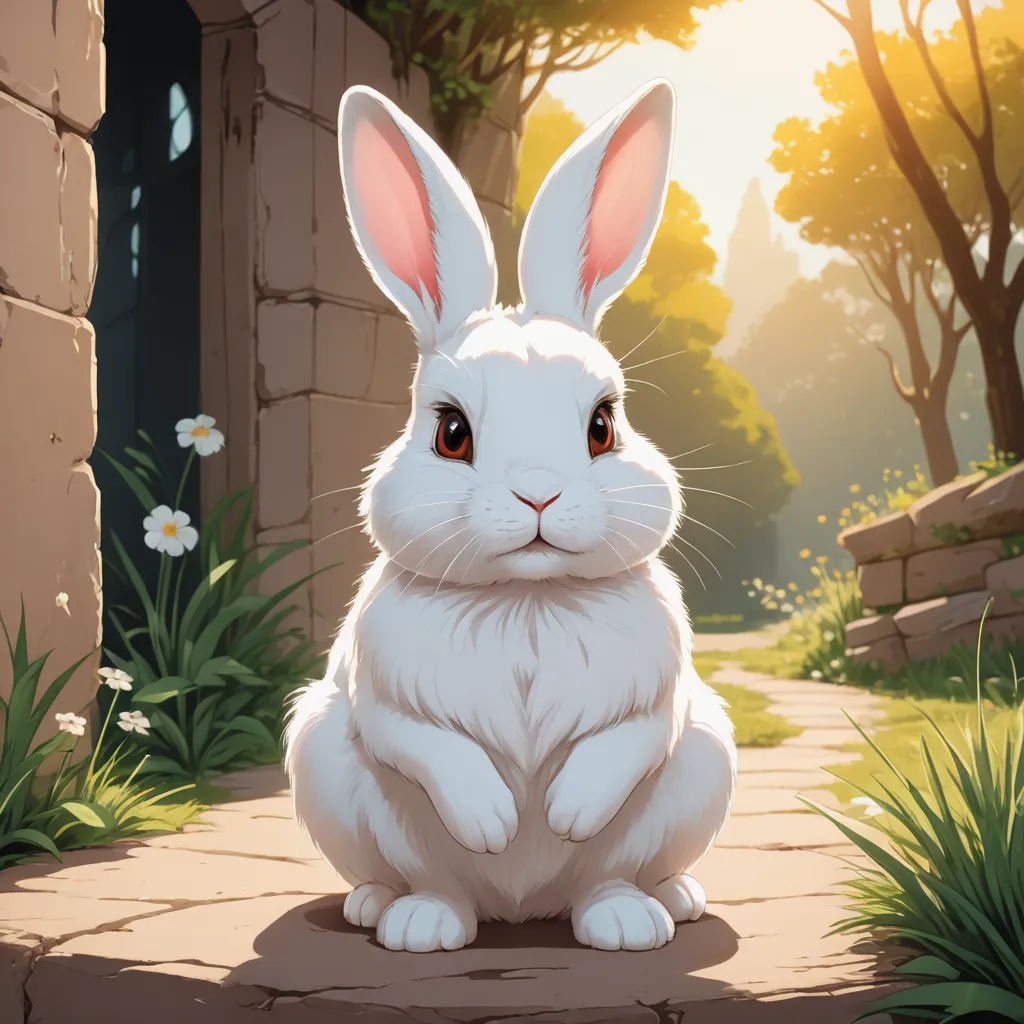 a white rabbit sitting on a stone path in a forest with flowers and trees in the background, with a doorway and a stone wall, furry art, a storybook illustration, Beatrix Potter, rossdraws global illumination