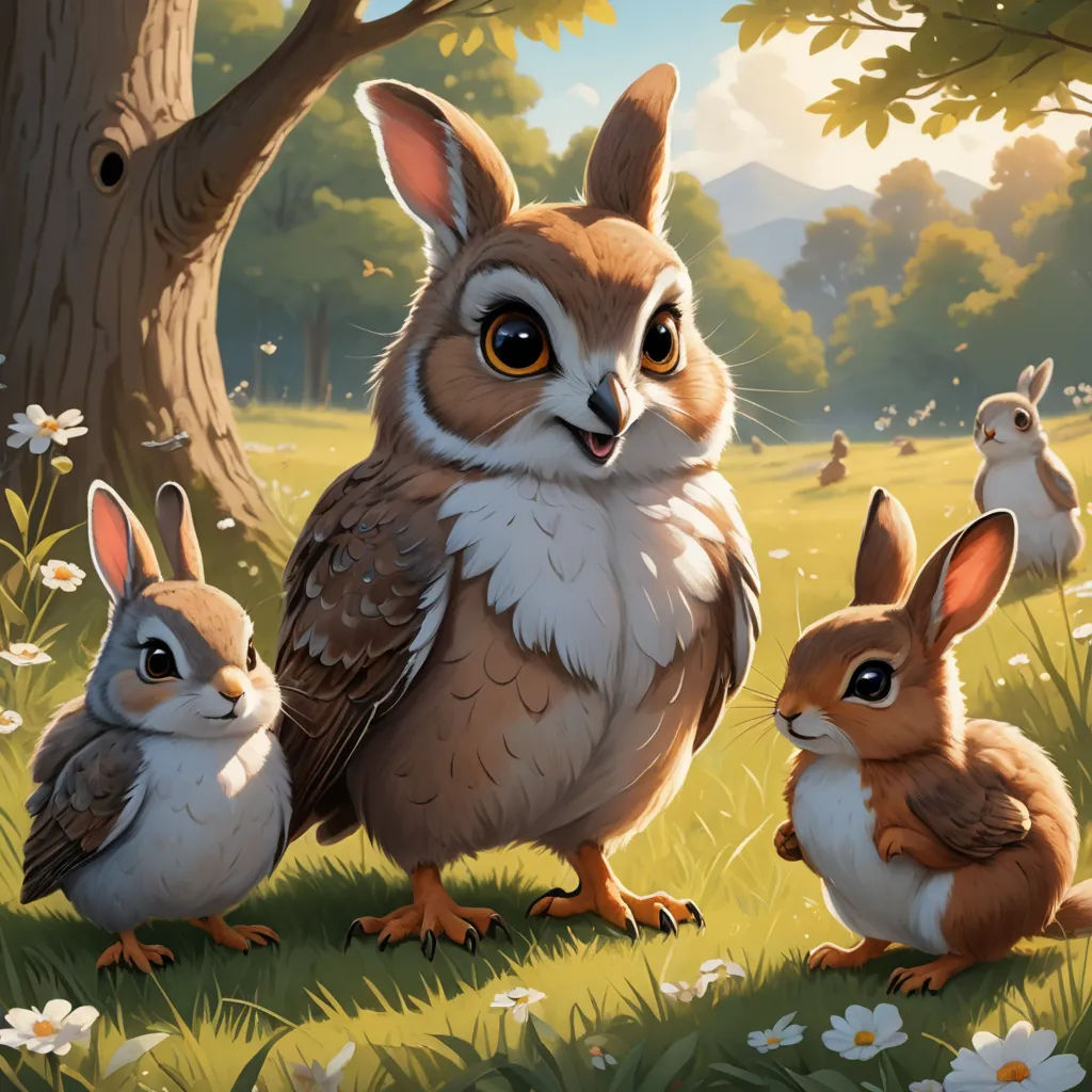 a painting of a family of rabbits in a field of grass and flowers with a owl and two rabbits, fantasy art, a storybook illustration, Chris LaBrooy, official art