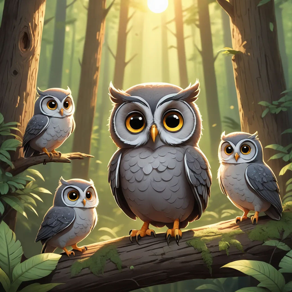 a group of owls sitting on a tree branch in a forest with the sun shining through the trees behind them, sots art, a storybook illustration, Dan Mumford, game art