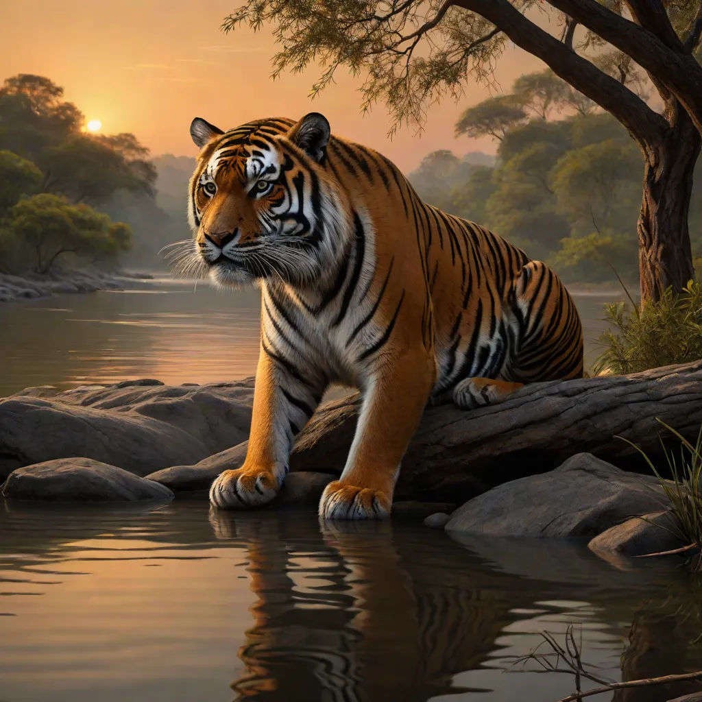 a tiger sitting on a rock in a river at sunset with a reflection of the sun in the water, Anne Stokes, fantasy art, an airbrush painting, highly detailed digital painting
