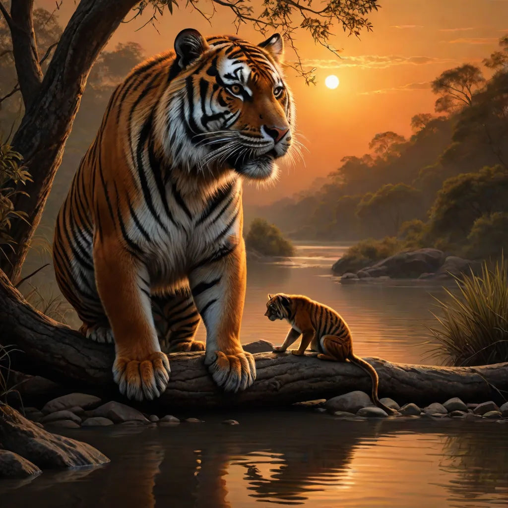 a tiger and a cub are sitting on a log in the water at sunset, with a river running through the background, Brothers Hildebrandt, fantasy art, an oil painting, highly detailed digital painting