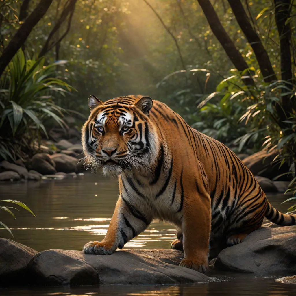 a tiger sitting on a rock in a river surrounded by trees and rocks with the sun shining through the trees, David Imms, sumatraism, a marble sculpture, wildlife photography