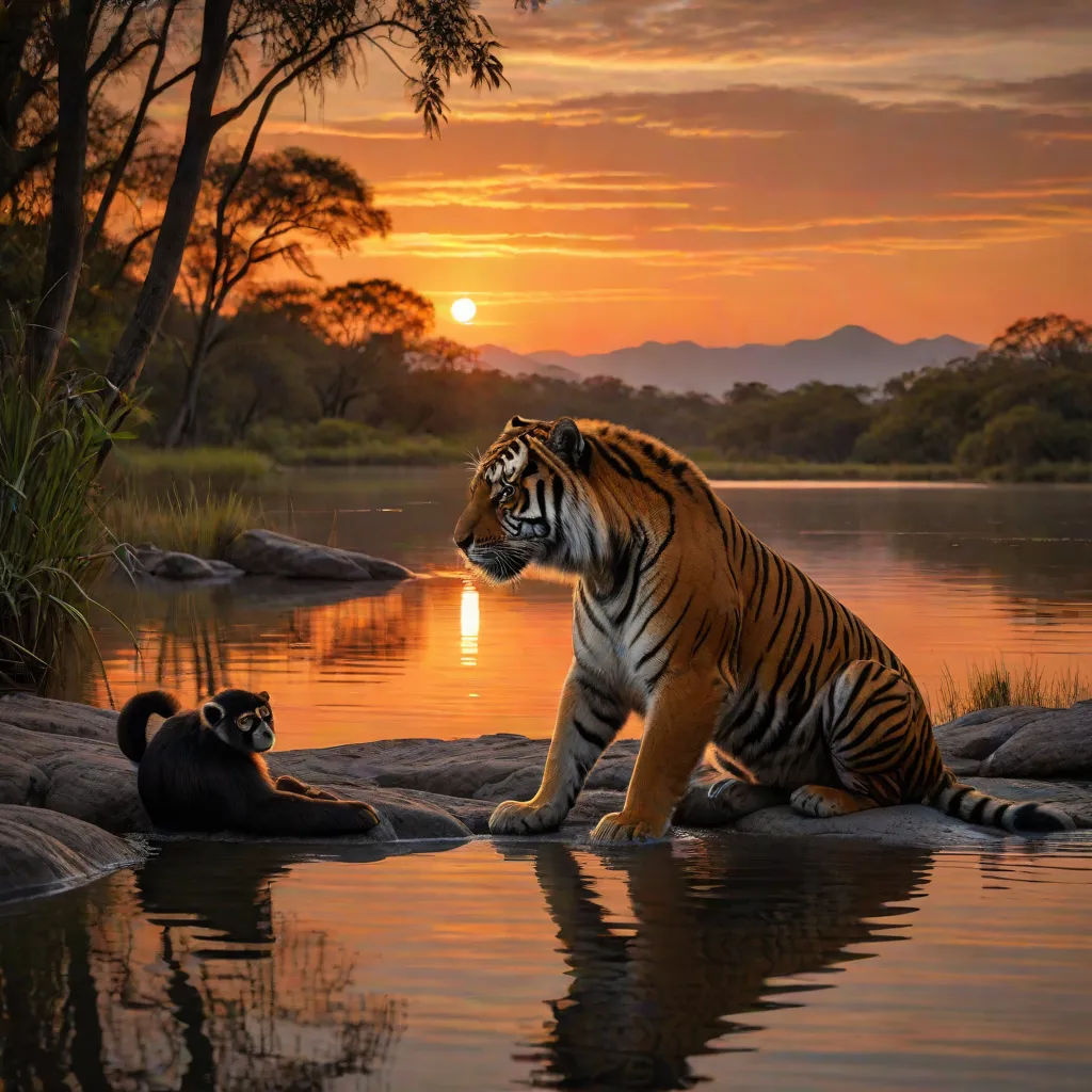 a tiger and a monkey are sitting on rocks near a body of water at sunset with a setting sun, Art Brenner, art photography, a photorealistic painting, wildlife photography