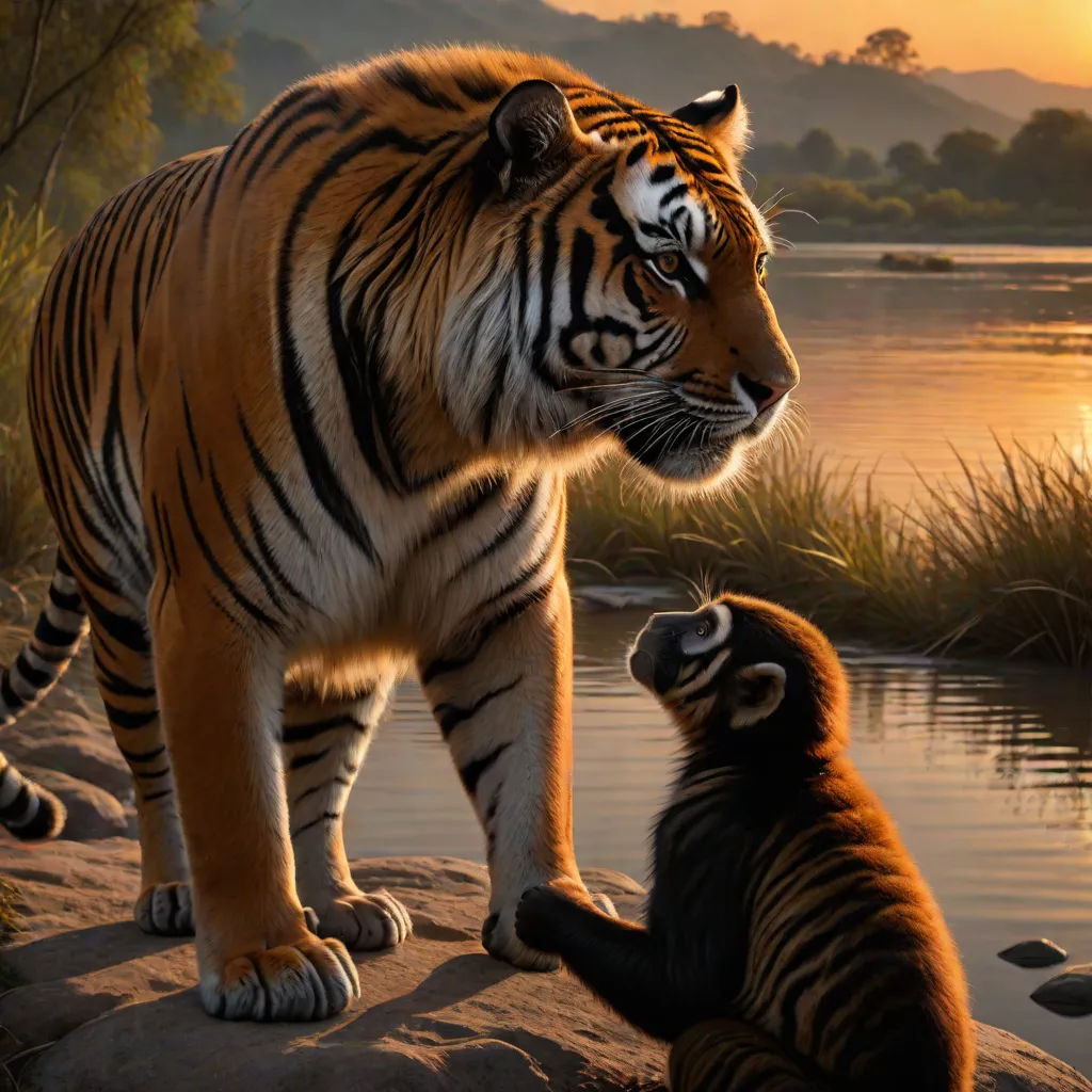 a tiger and a cub stand on a rock near a body of water at sunset with a mountain in the background, Brothers Hildebrandt, photorealism, an oil painting, highly detailed digital painting