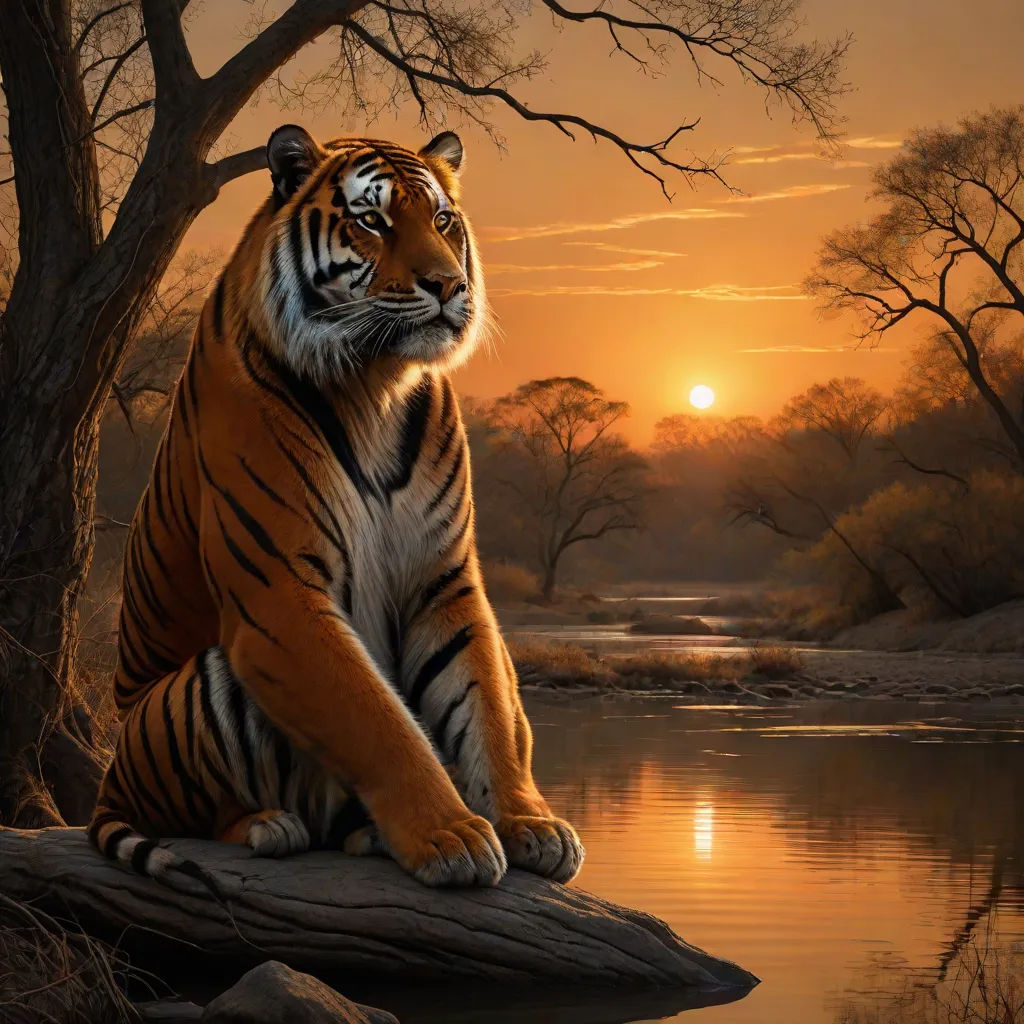 a tiger sitting on a log in front of a river at sunset with a setting sun in the background, Anne Stokes, fantasy art, an airbrush painting, highly detailed digital painting