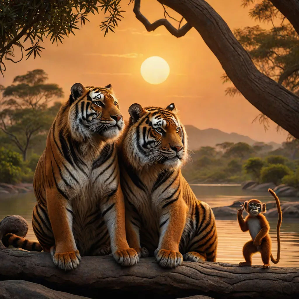 two tigers sitting on a log in front of a river with a monkey on the other side of the picture, Brothers Hildebrandt, fantasy art, an oil painting, highly detailed digital painting