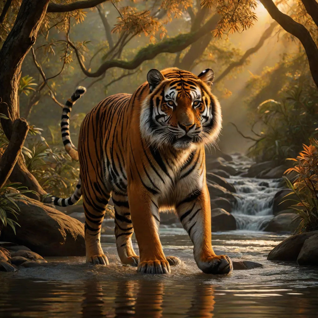 a tiger walking across a river surrounded by trees and rocks in a forest with a stream running through it, Eddie Mendoza, fantasy art, an airbrush painting, highly detailed digital painting