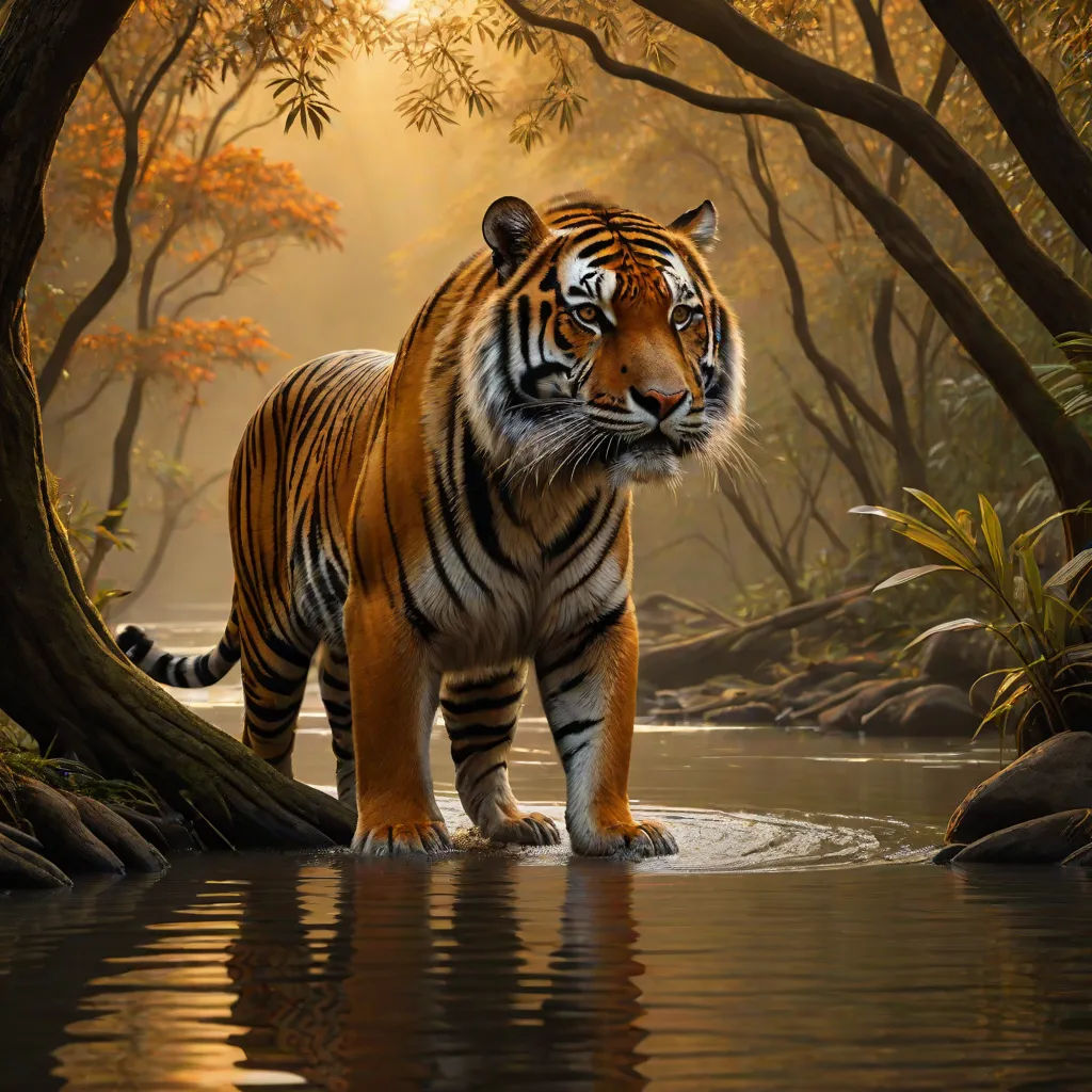 a tiger standing in a river next to a forest filled with trees and rocks and a sun shining through the trees, Eddie Mendoza, fantasy art, a digital painting, highly detailed digital painting