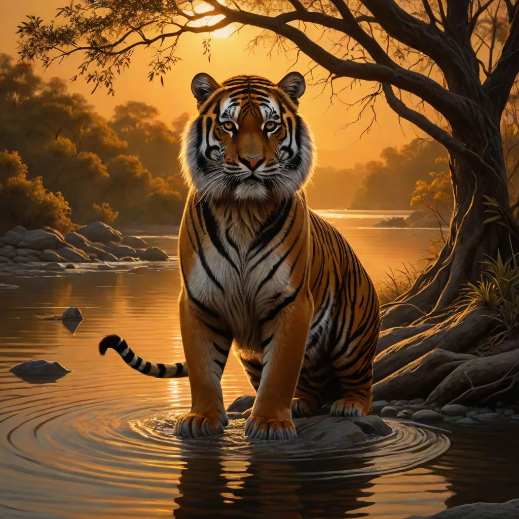 a tiger is sitting in the water near a tree and rocks at sunset, with the sun shining on the water, Anne Stokes, fantasy art, an airbrush painting, highly detailed digital painting