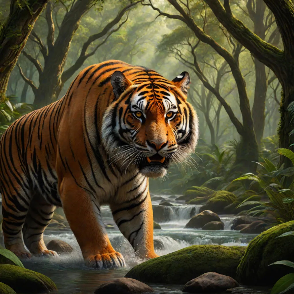 a tiger walking through a forest filled with trees and rocks, with a stream running through it's foreground, Brom, fantasy art, a photorealistic painting, highly detailed digital painting