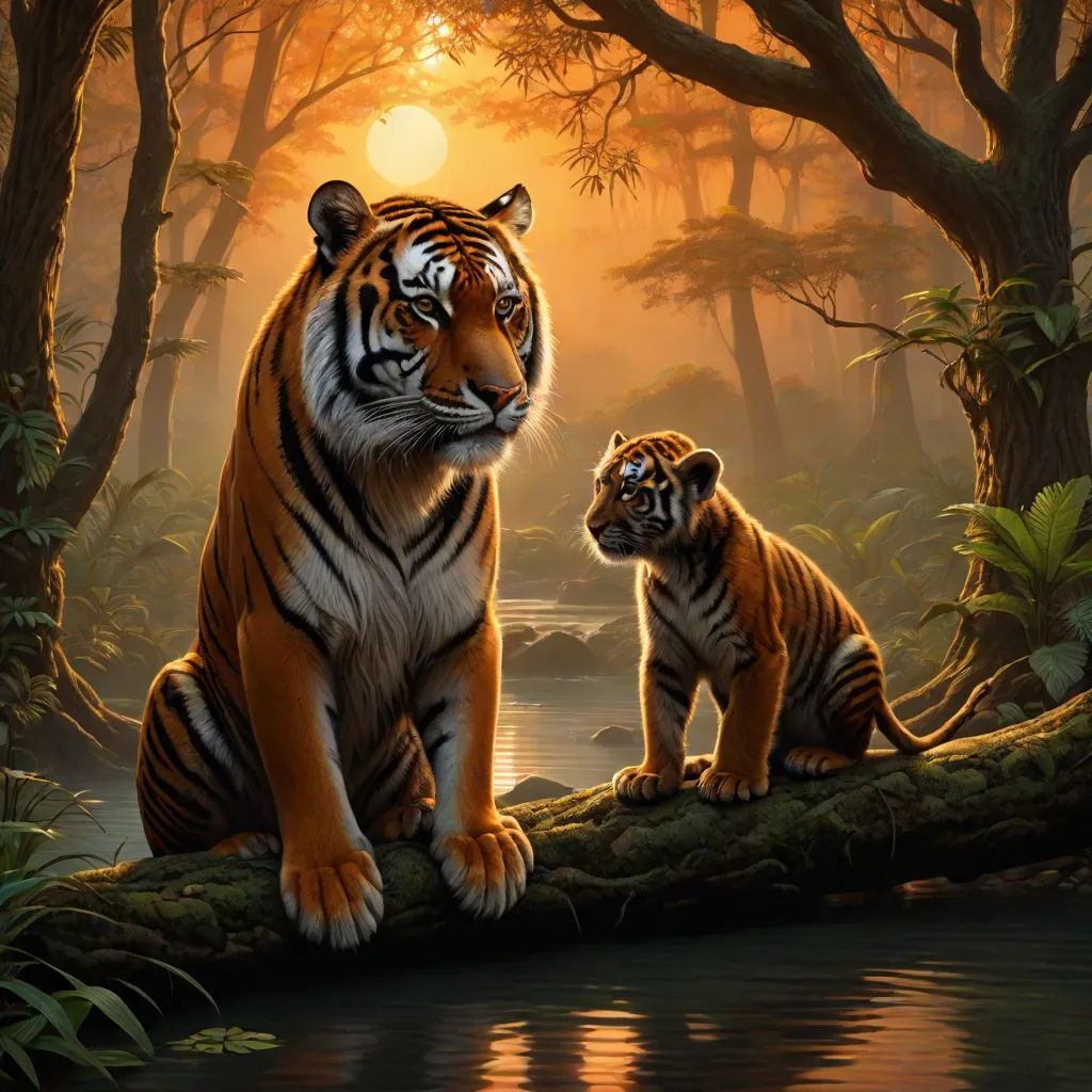 a tiger and cub sitting on a log in a forest at sunset with a river running through it and a sun shining through the trees, Brothers Hildebrandt, fantasy art, an oil painting, highly detailed digital painting