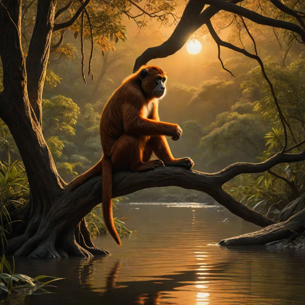 a monkey sitting on a tree branch in a river at sunset with the sun shining through the trees and reflecting in the water, Chris LaBrooy, fantasy art, a digital painting, highly detailed digital painting