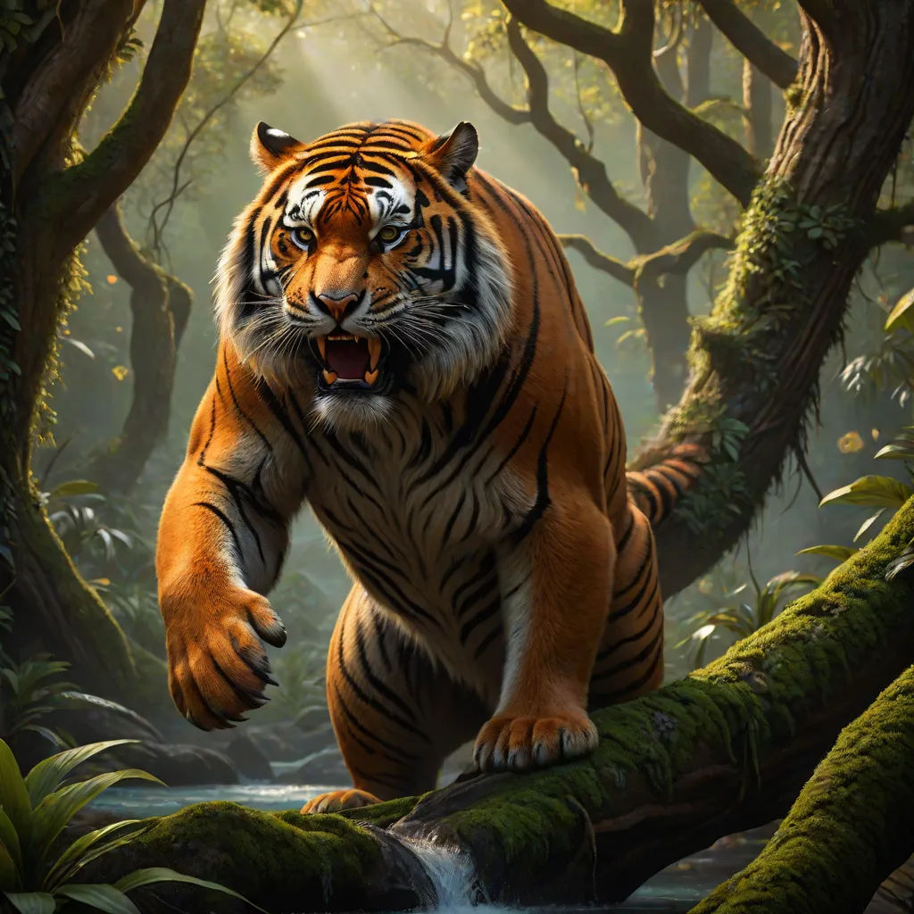 a tiger walking across a forest filled with trees and water with a bright light shining on it's face, Alex Horley-Orlandelli, fantasy art, a digital painting, weta digital