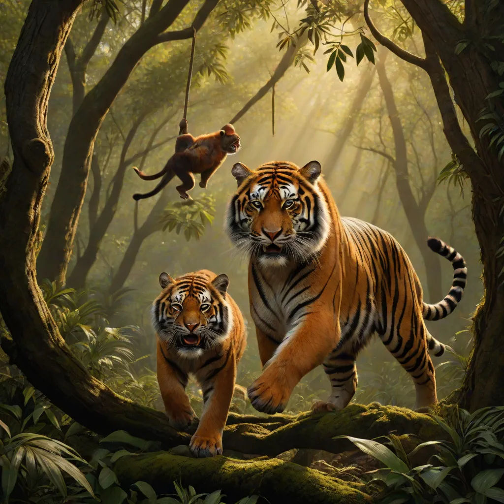two tigers walking through a forest with a monkey on a tree branch in the background and a monkey on a branch in the foreground, Chris LaBrooy, photorealism, a detailed matte painting, highly detailed digital painting