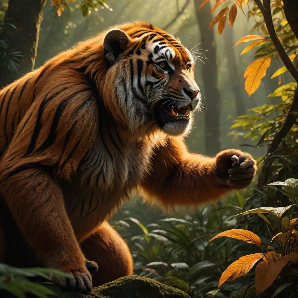 a tiger standing in the middle of a forest with its paw up to the ground and its mouth open, Chris LaBrooy, sumatraism, a 3D render, weta digital