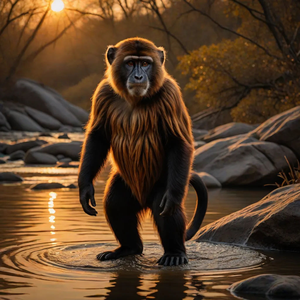 a monkey standing in the water at sunset with its head turned to the side and his hands in his pockets, Alex Petruk APe, art photography, a digital painting, wildlife photography