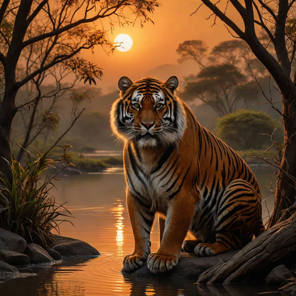 a tiger sitting on a rock in a river at sunset with the sun setting behind it and trees in the foreground, Anne Stokes, fantasy art, a fine art painting, highly detailed digital painting