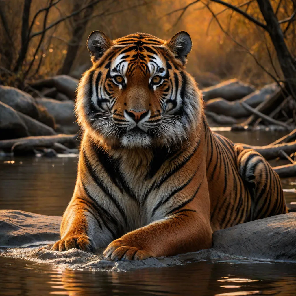 a tiger sitting in the water near a tree line and rocks in the water with a few trees in the background, Art Brenner, art photography, a photorealistic painting, wildlife photography